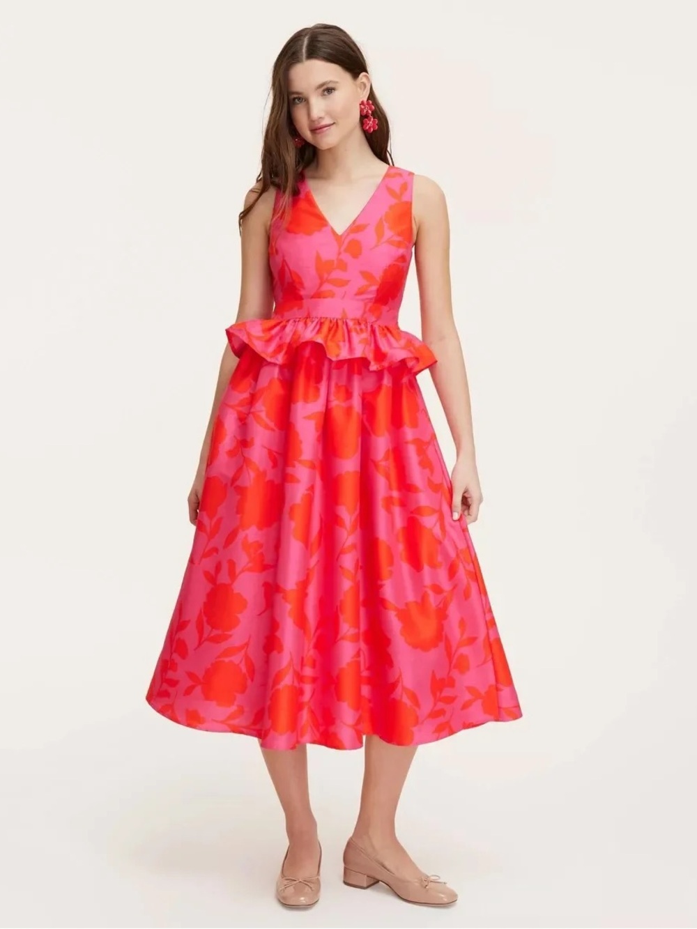 Kate Spade for Target Pink & Red Floral V-Neck Peplum Midi Dress